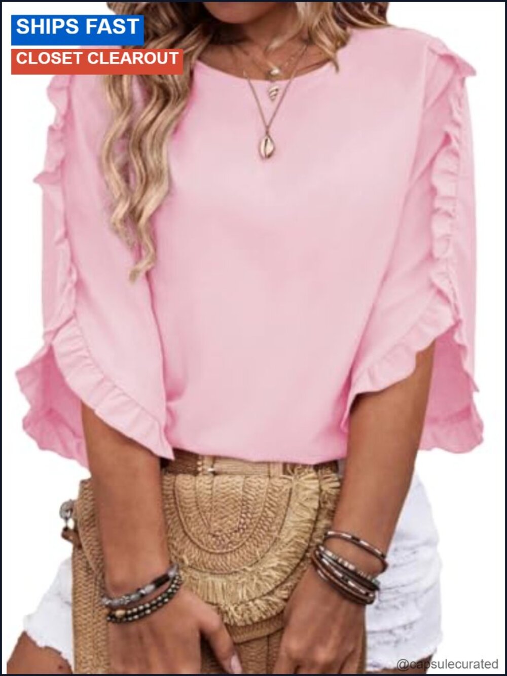 Womens Plus Size Ruffle Sleeve 3/4 Length Blouse Dressy Casual Top